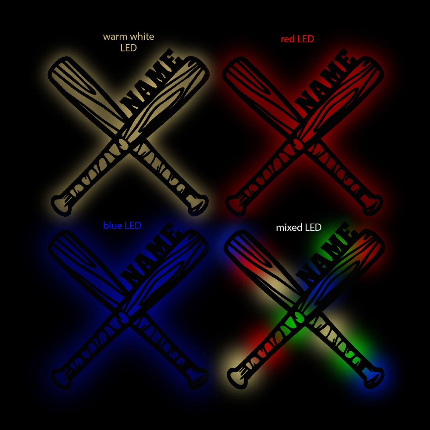 Crossed Baseball Bats - Personalized Wall Decor with optional LED Light | Starting from: