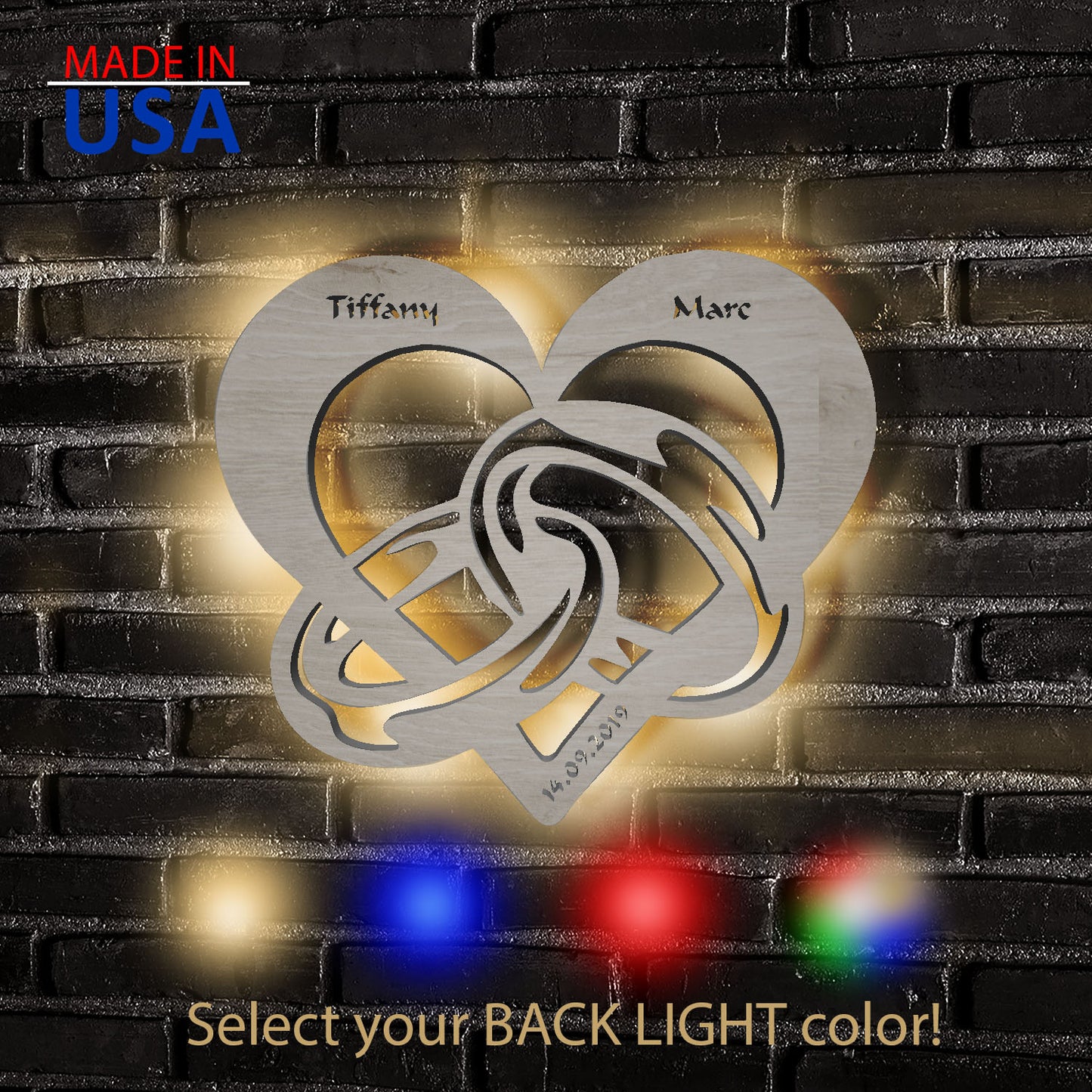 Heart & Wedding Rings - Personalized Wall Decor with optional LED Light | Starting from: