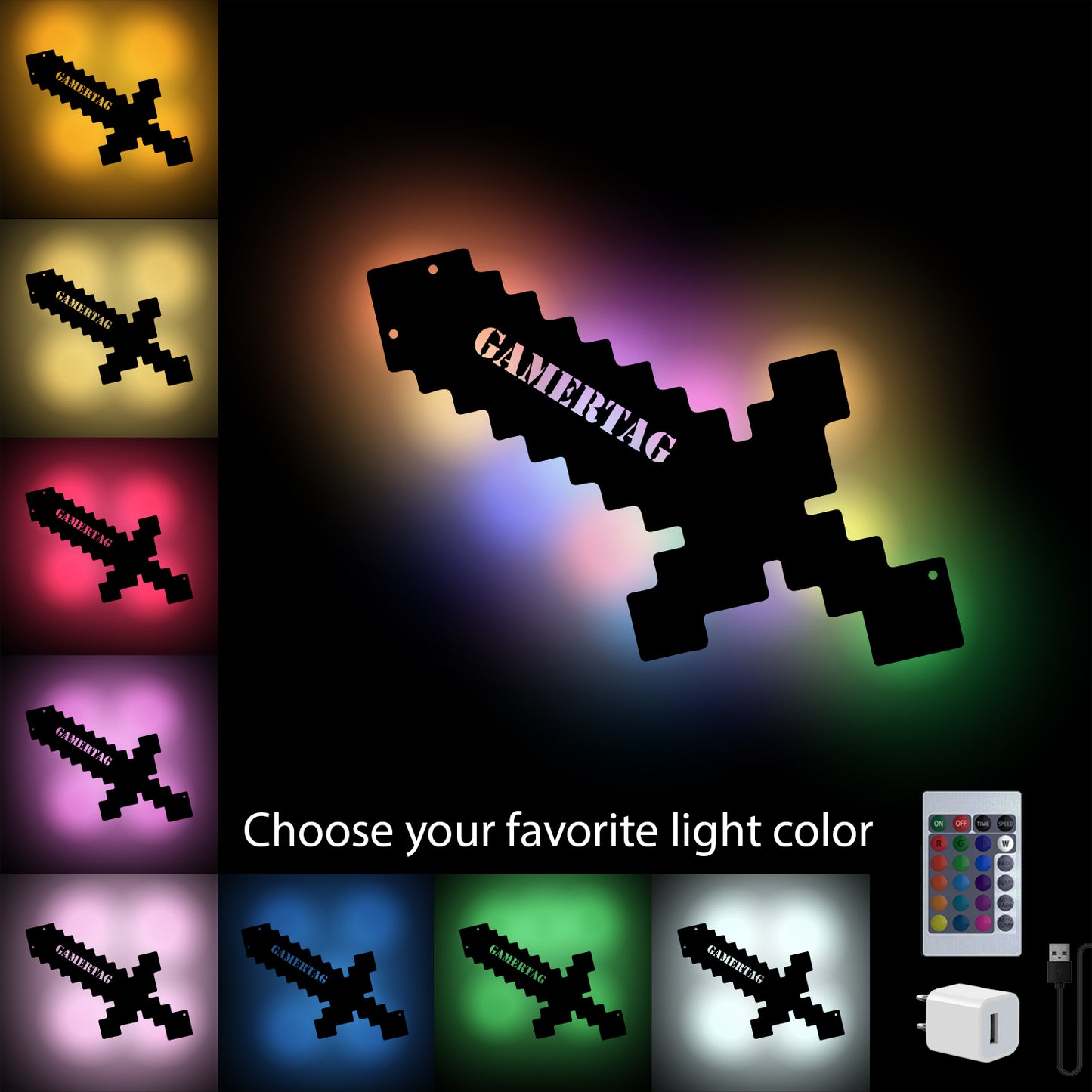 Gaming Pixel Sword - Personalized Wall Decor with remote LED Lights | Starting from: