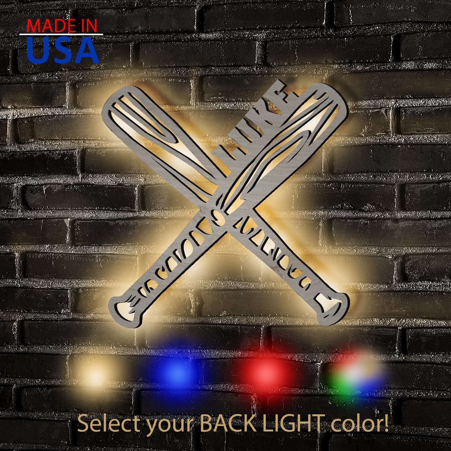 Crossed Baseball Bats - Personalized Wall Decor with optional LED Ligh ...